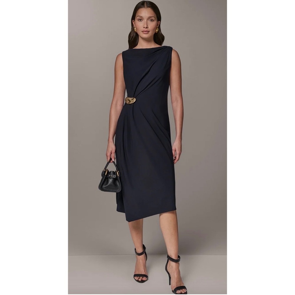 Donna Karan New York Black Draped Sheath Dress Gold Hardware Size 2 Sleeveless
